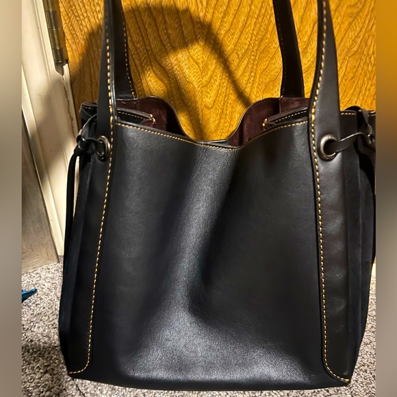 Coach Harmony Hobo Black Leather and Suede Maroon Interior with Yellow Stitching - Picture 4 of 17